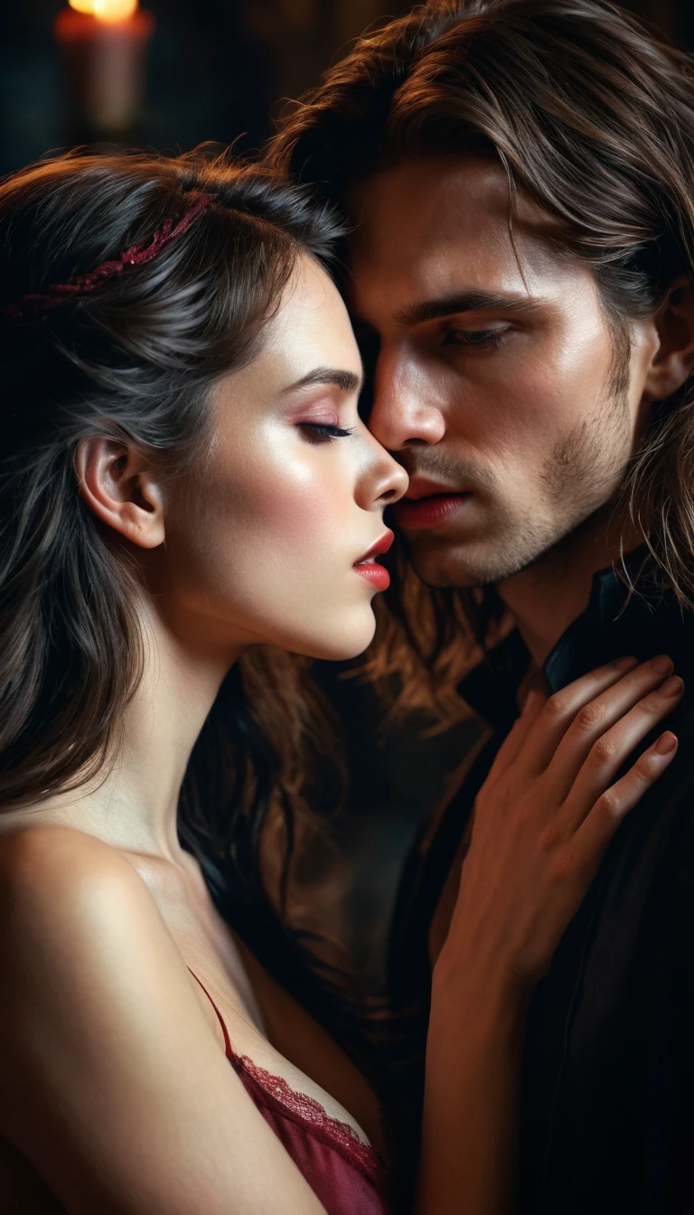 Momento romántico en primer plano con una mujer vampiro y un joven