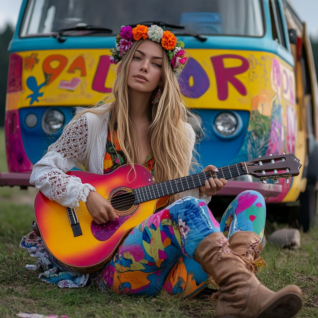 Mujer hippie tocando la guitarra junto a una colorida furgoneta psicodélica