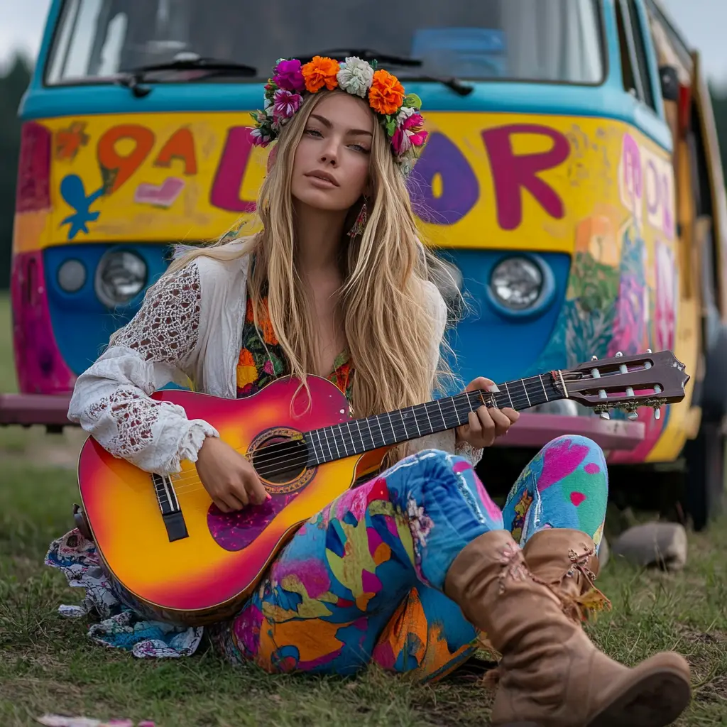 Hippie woman playing guitar beside colorful psychedelic van