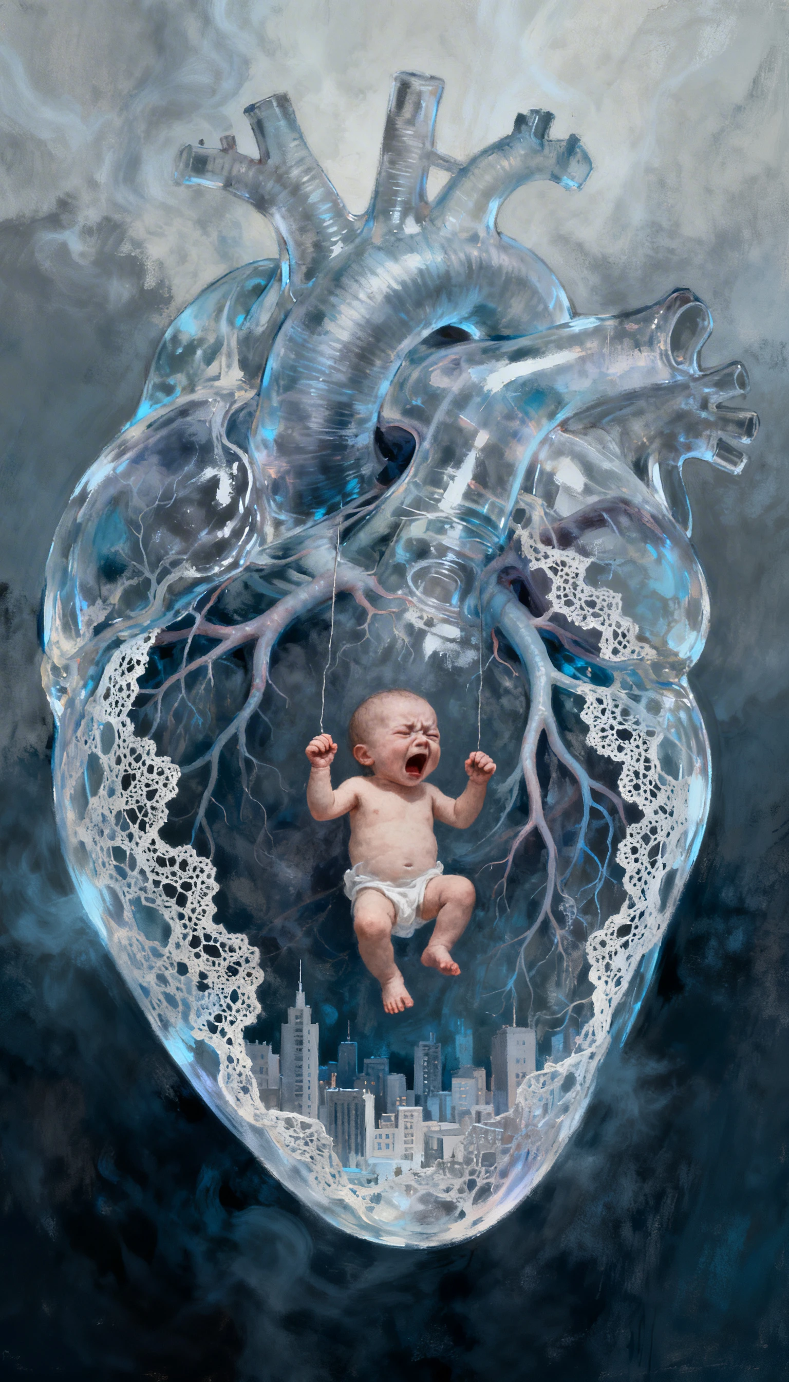 Transparent surreal heart cradling a screaming infant
