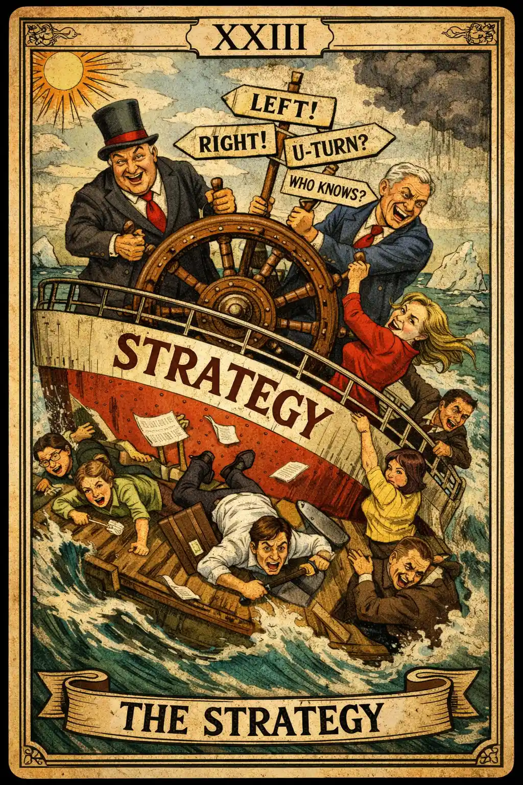Satirische Tarotkarte: Führungskräfte steuern ein chaotisches Strategieschiff