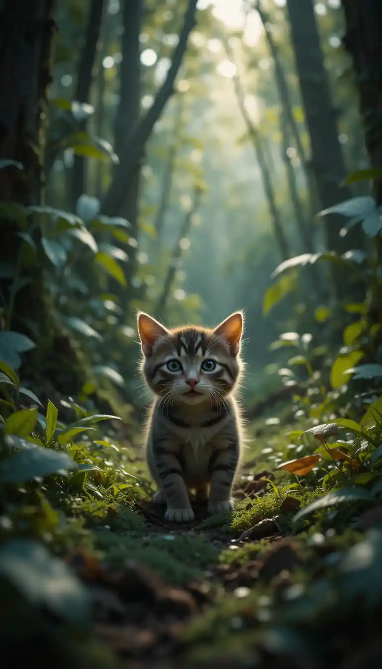 Scared Kitten Lost In Dense Jungle With Dramatic Light