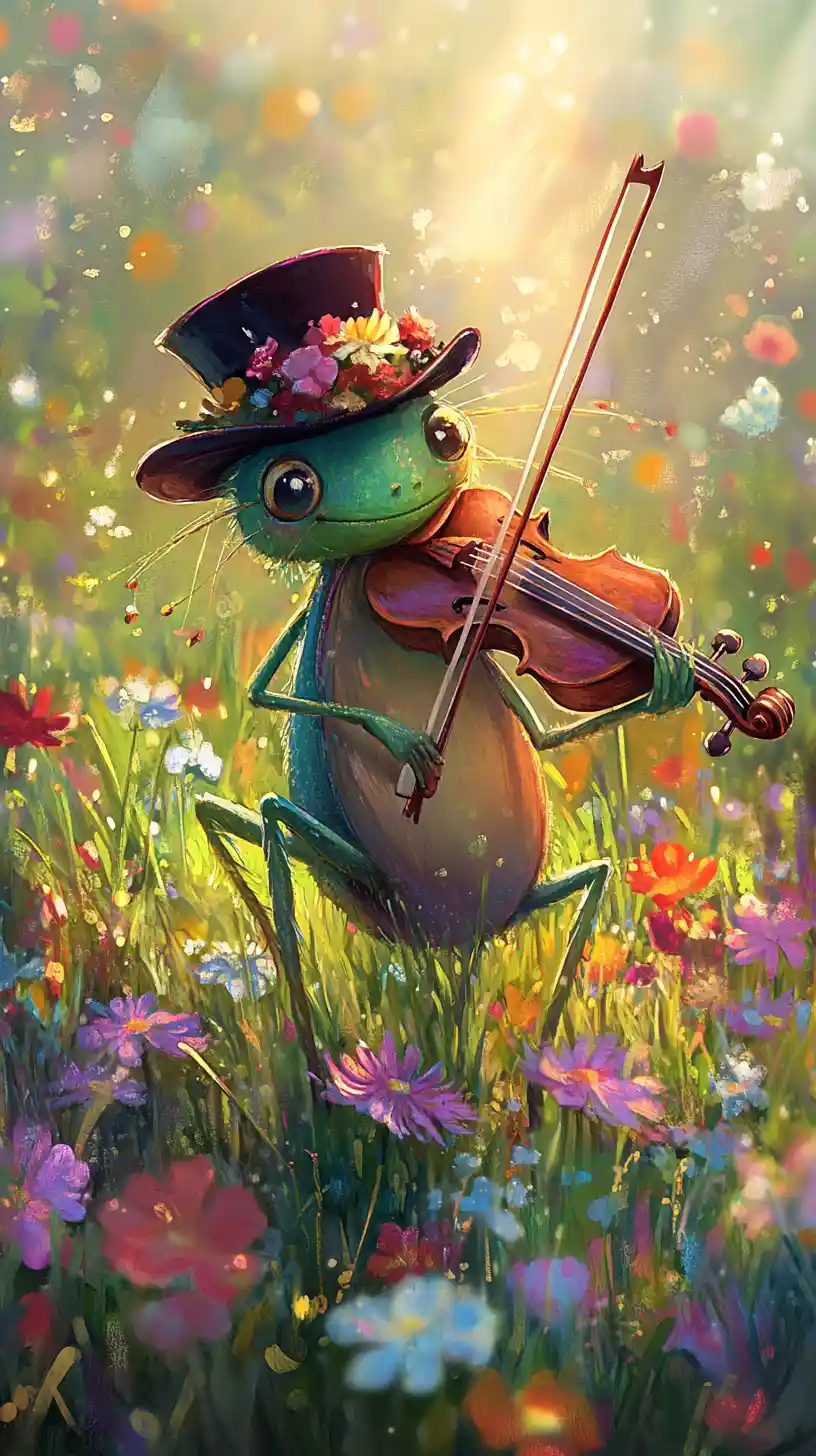 Whimsical Grasshopper Playing Violin In Spring Meadow