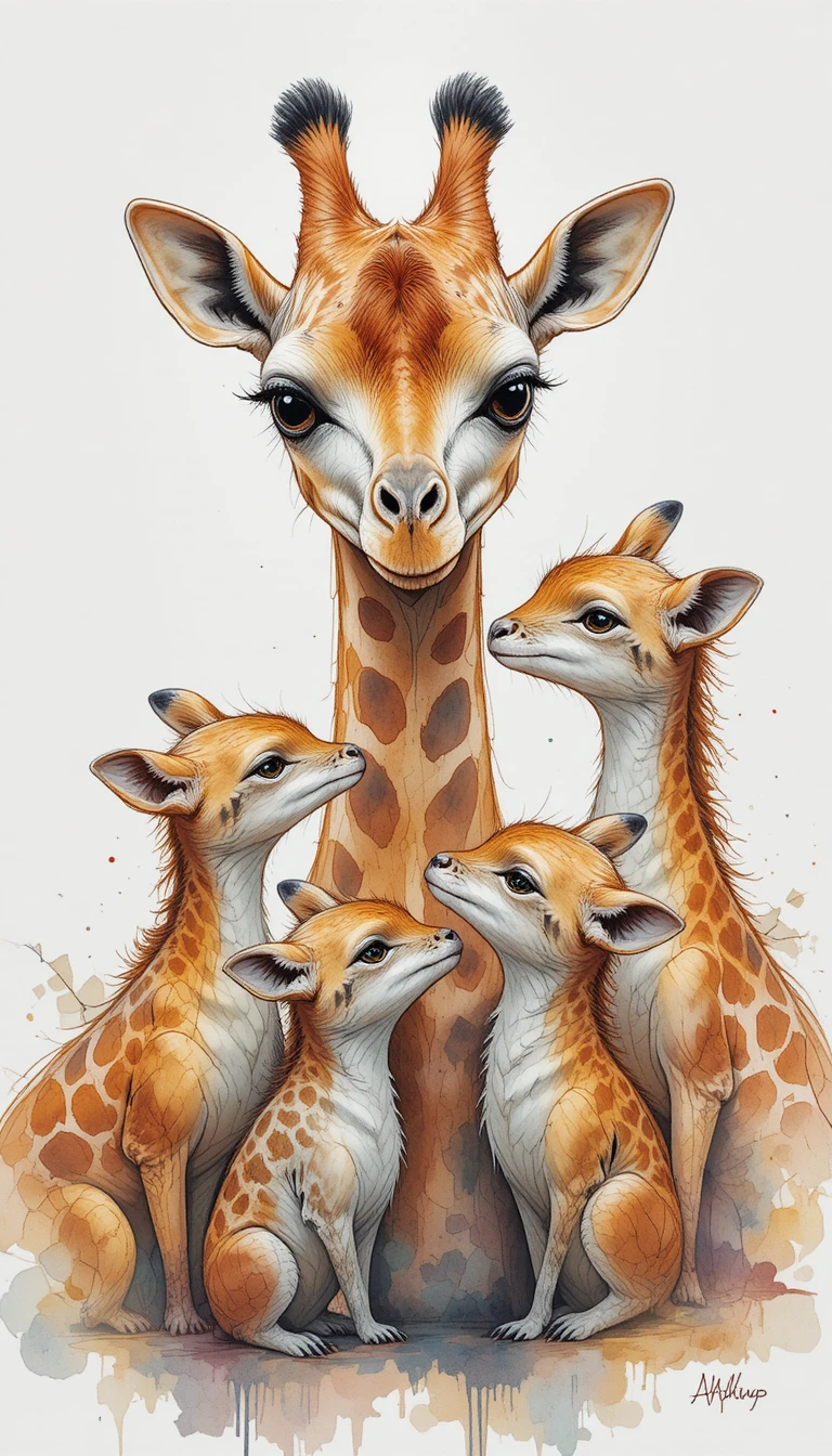 Playful watercolor group portrait of giraffe and animals