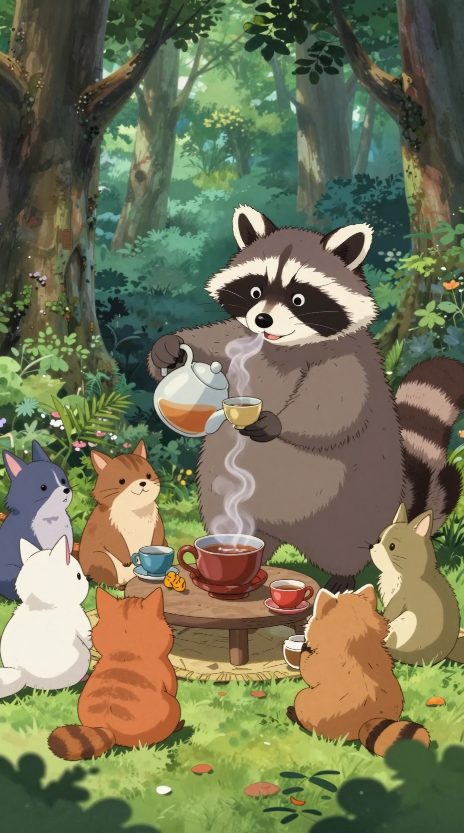 Raccoon Serving Tea To Forest Friends In Lush Anime Wood
