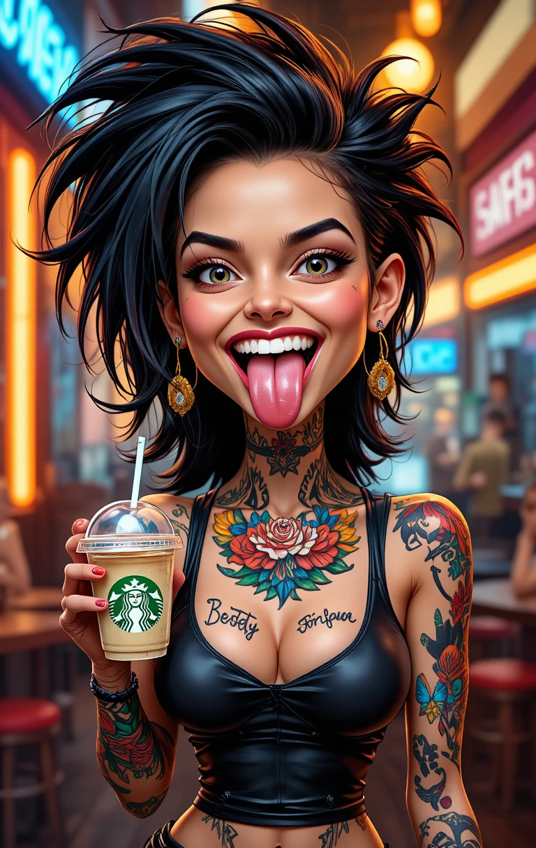 Donna tatuata con capelli selvaggi e vibrazioni di città al neon