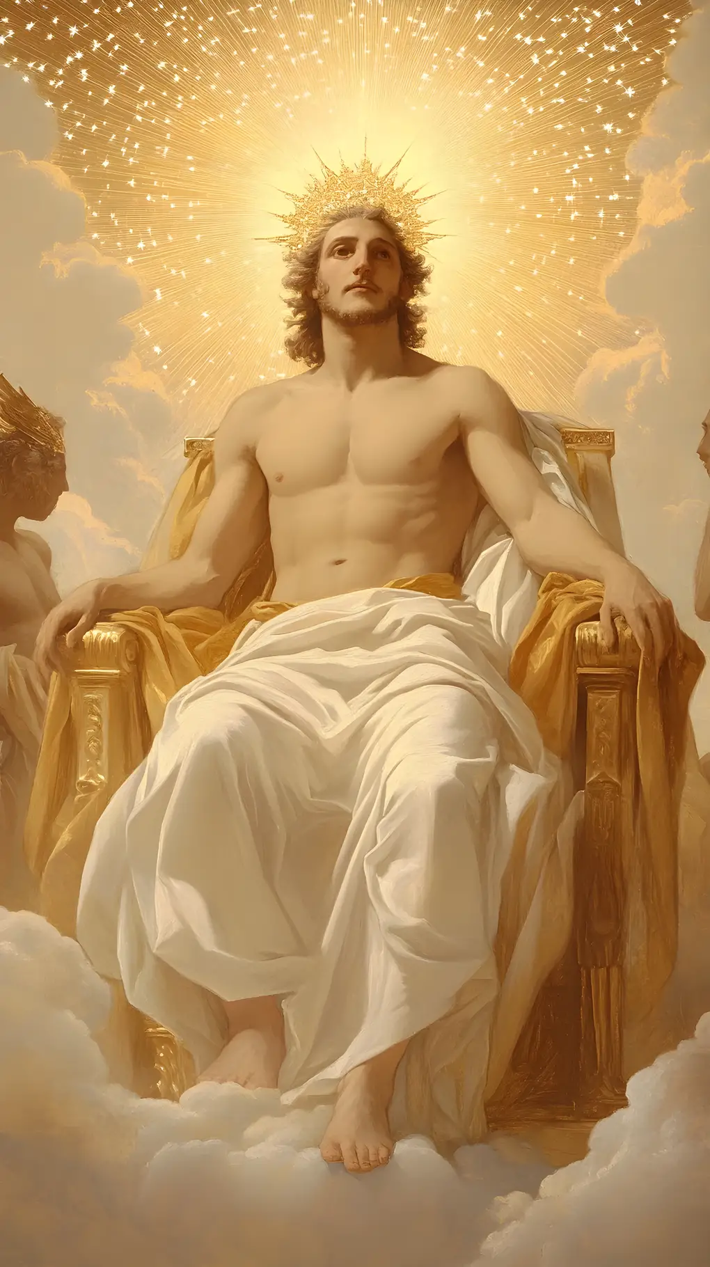 Young god enthroned amid glowing celestial clouds