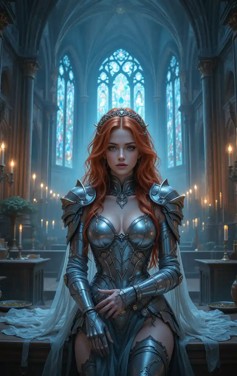 Red haired warrior woman in armor in gothic cathedral
