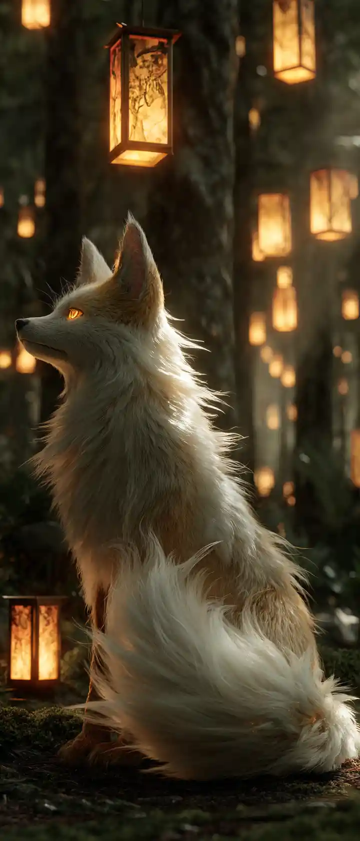 Spirito di volpe mistica in stile anime con lanterne luminose nella foresta