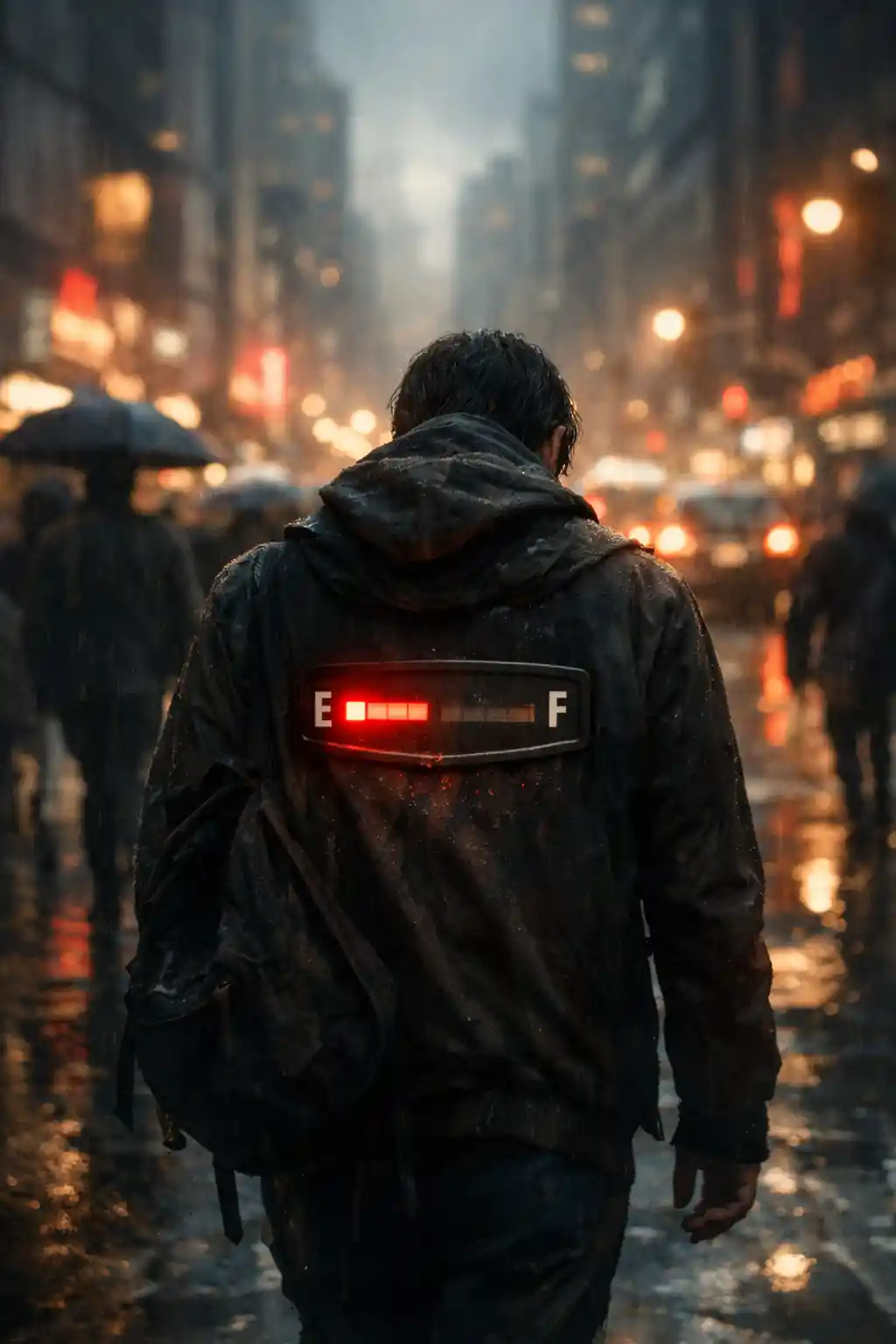 Surreal city walker with glowing chest energy gauge