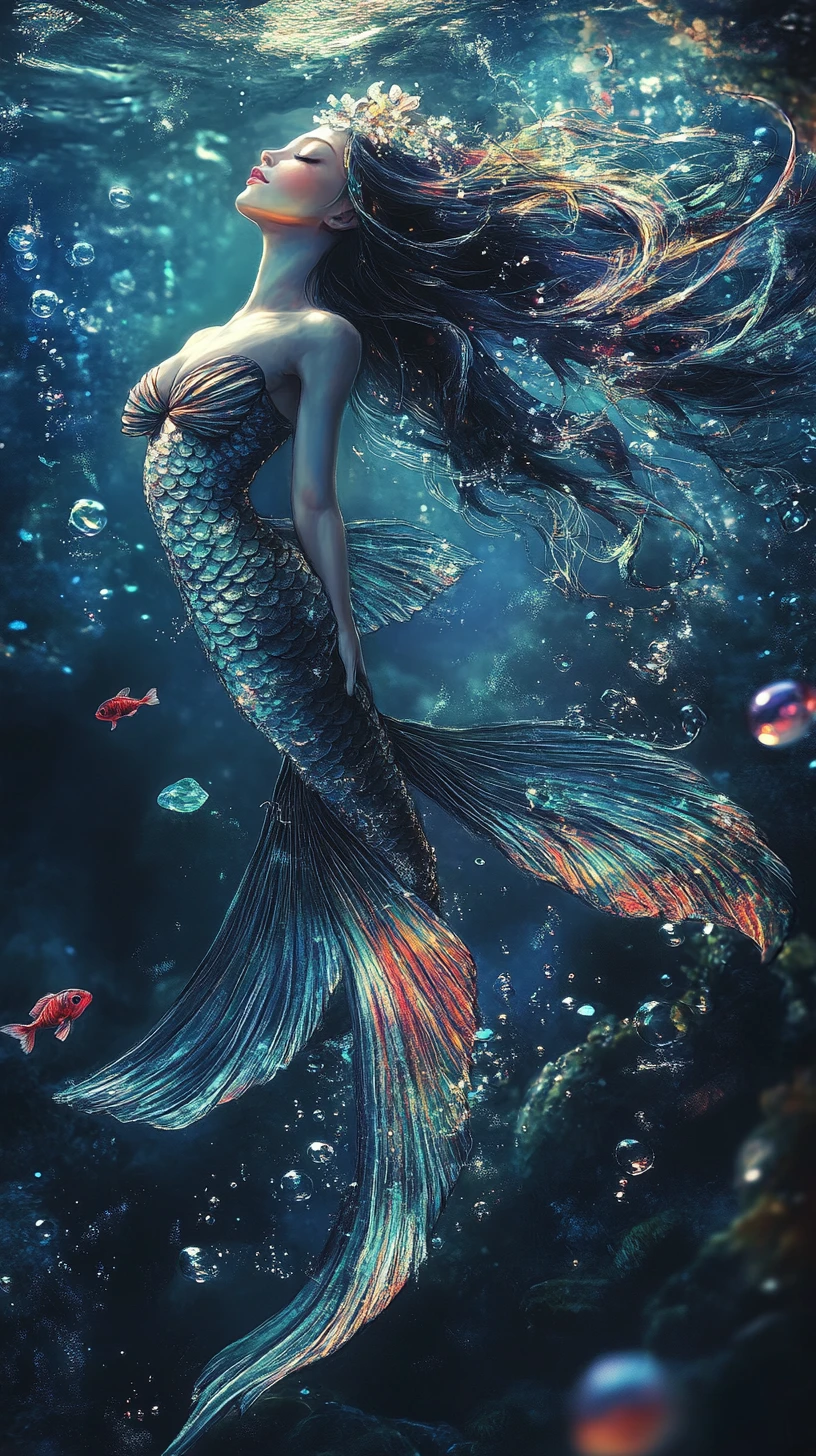 Graceful fantasy mermaid drifting in a dark underwater realm