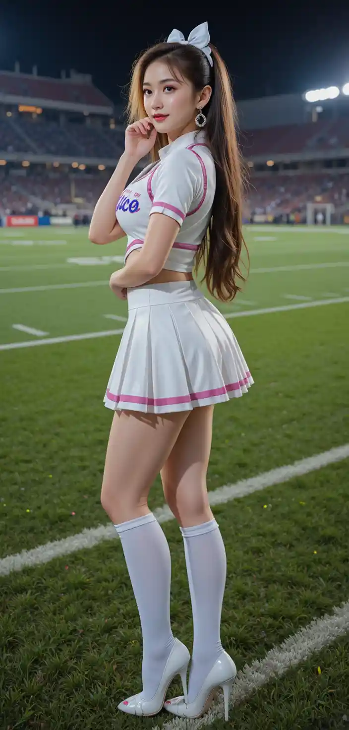 Korean cheerleader posing on an American football field