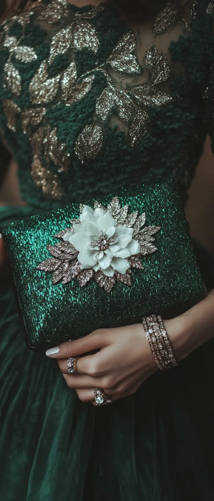 Primo piano di clutch in raso verde con spilla floreale