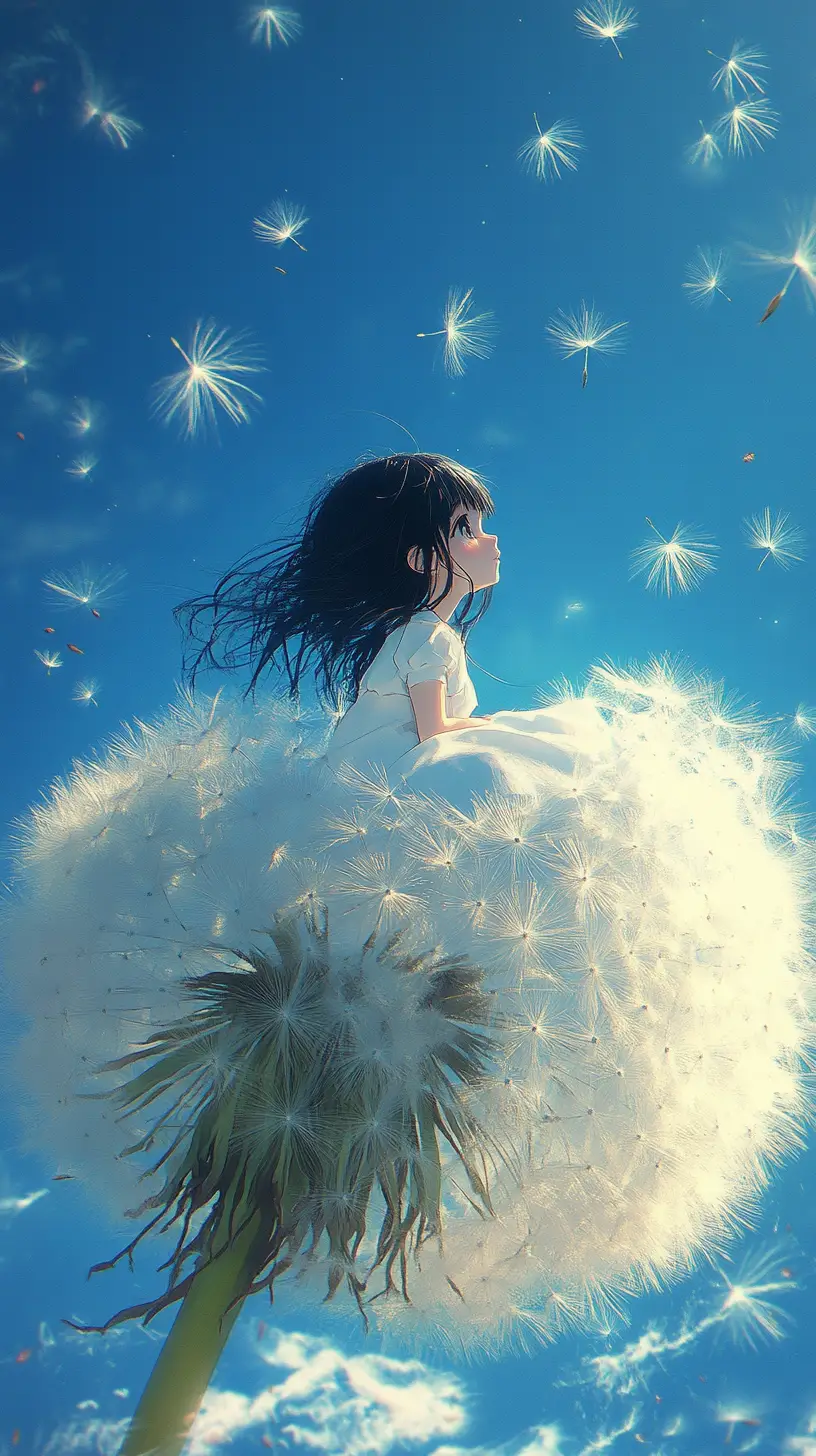 Chibi girl sitting on a giant dandelion in the sky
