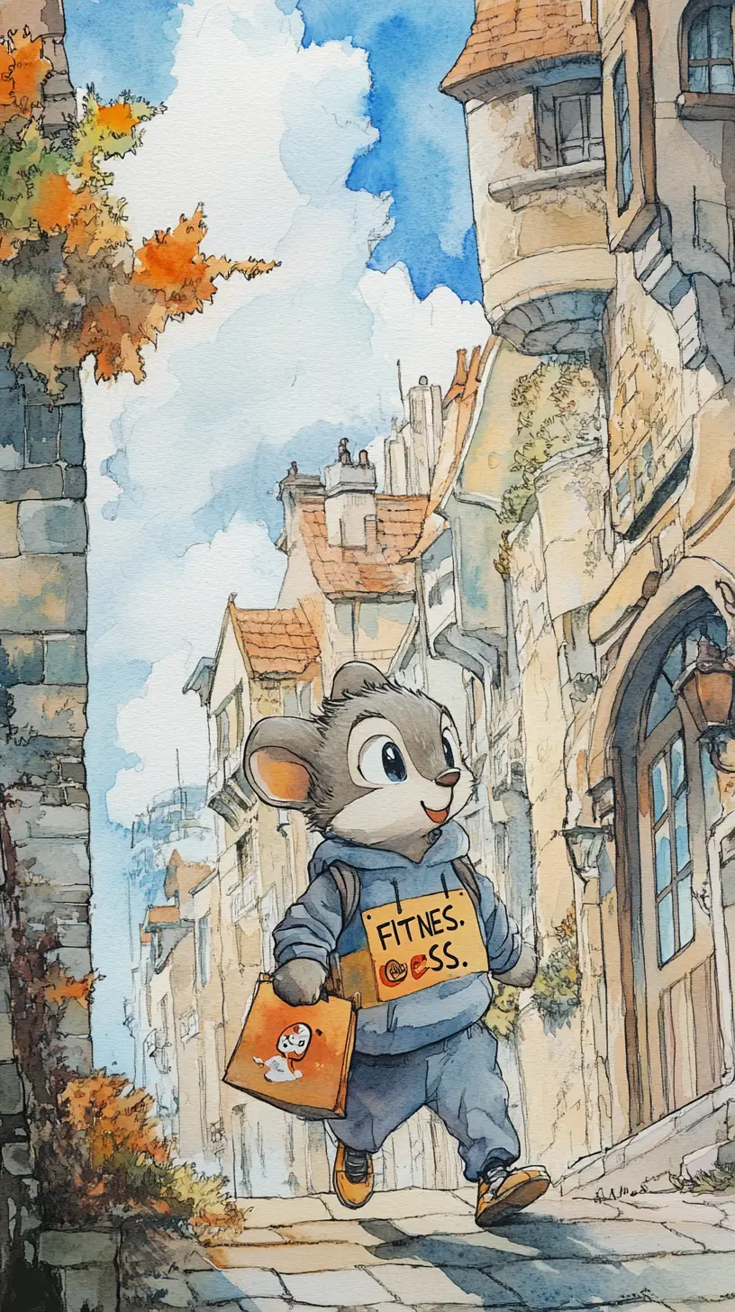 Anthropomorphic chipmunk in tracksuit entering photo studio