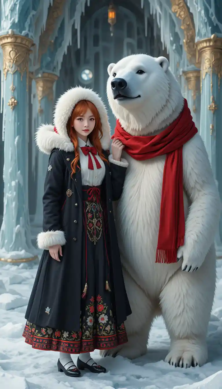 Fille d’anime rousse avec ours polaire dans une scène enneigée