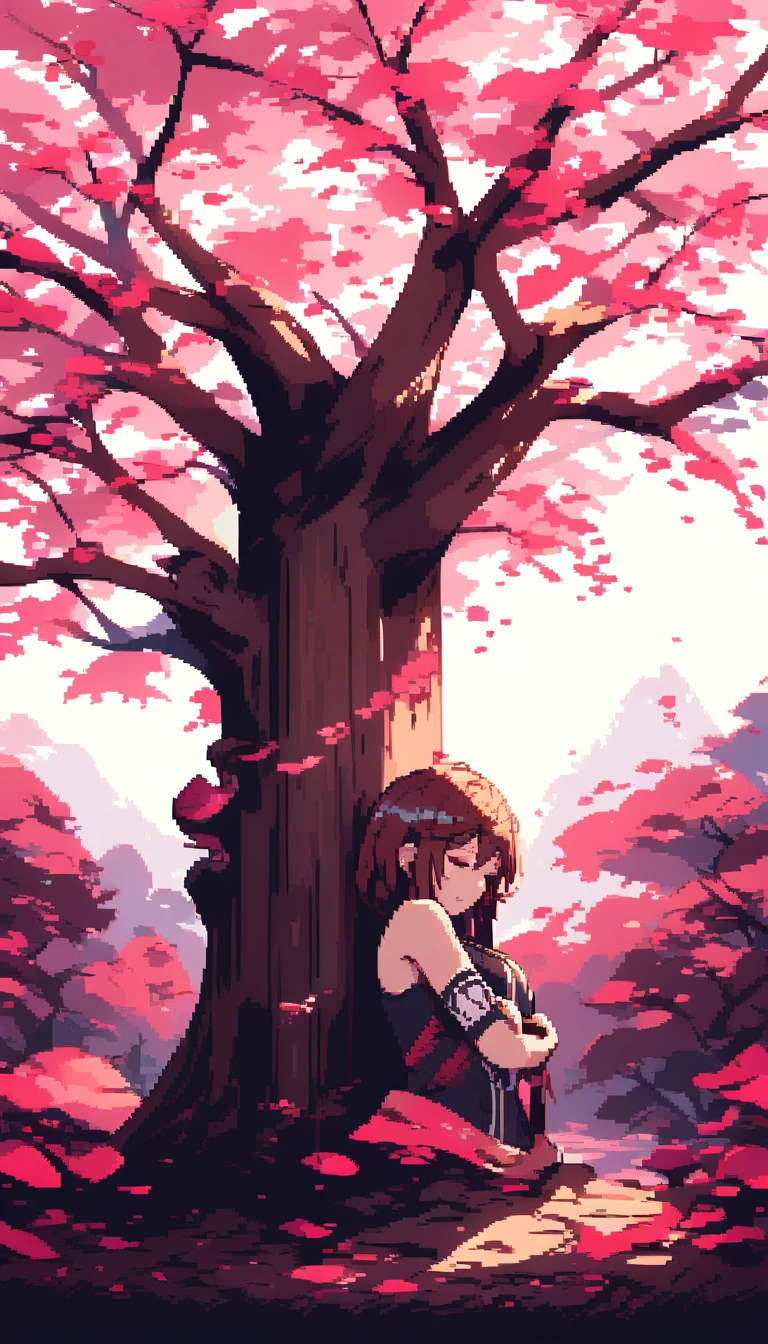Pixel art warrior girl sleeping under a blossoming tree