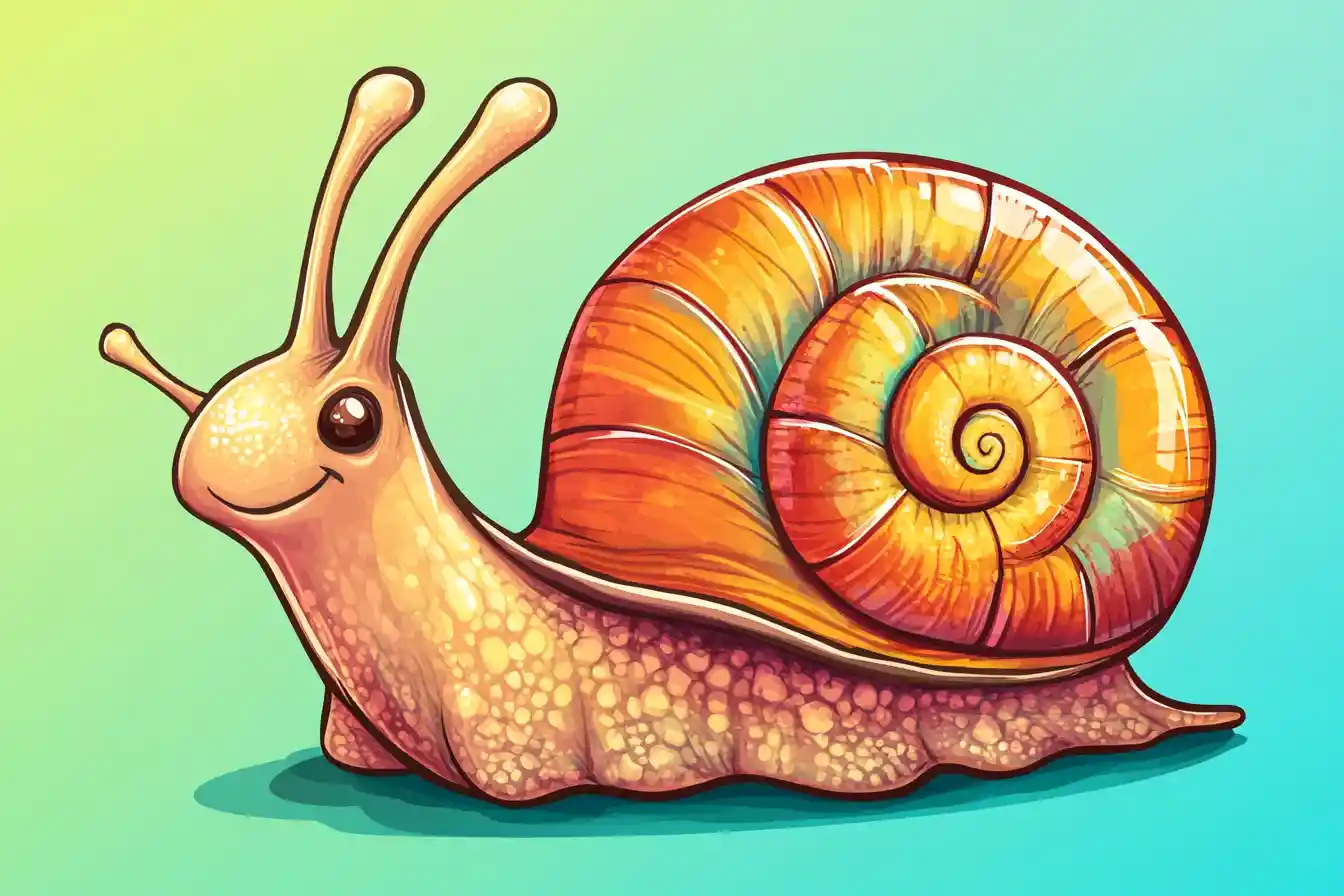 Selbstbewusste Cartoon-Schnecke mit glänzendem Spiralschalen-Sticker