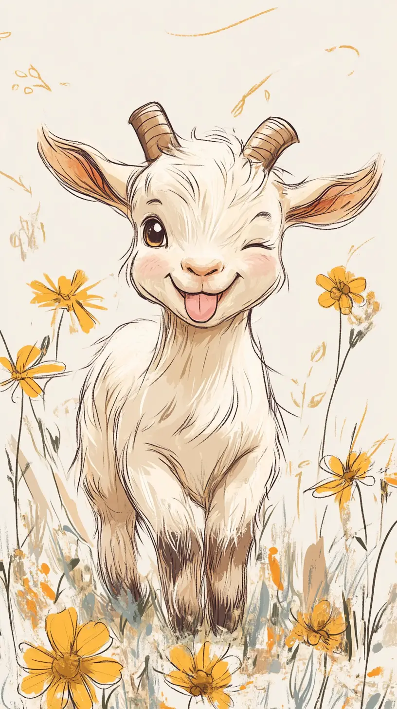 Playful baby goat illustration in a field of flowers