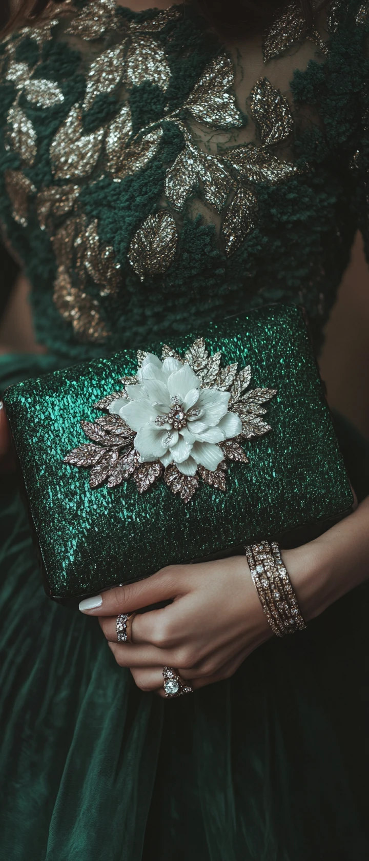 Primo piano di clutch in raso verde con spilla floreale
