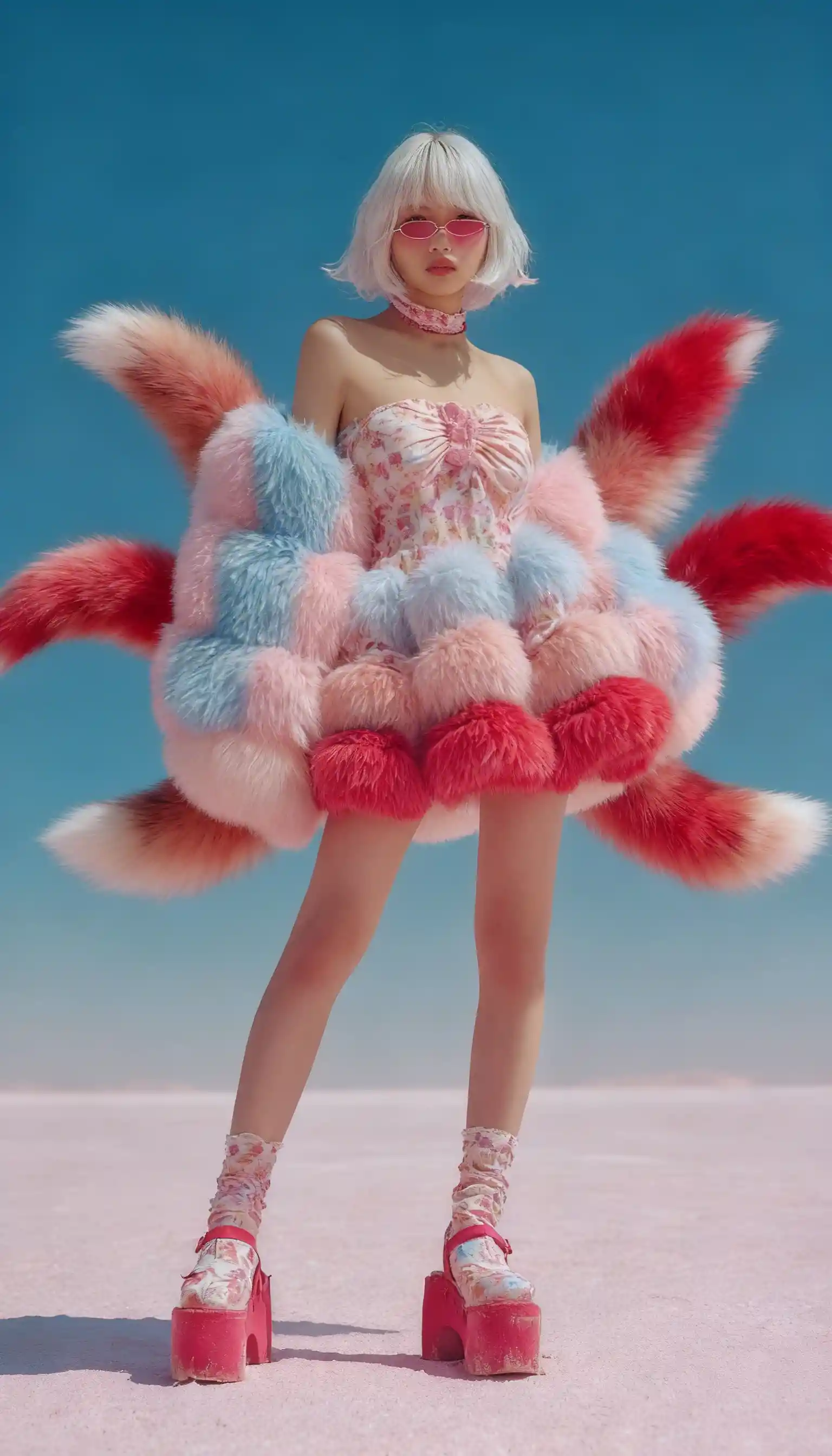 Fantasy woman with three fluffy foxtails behind her