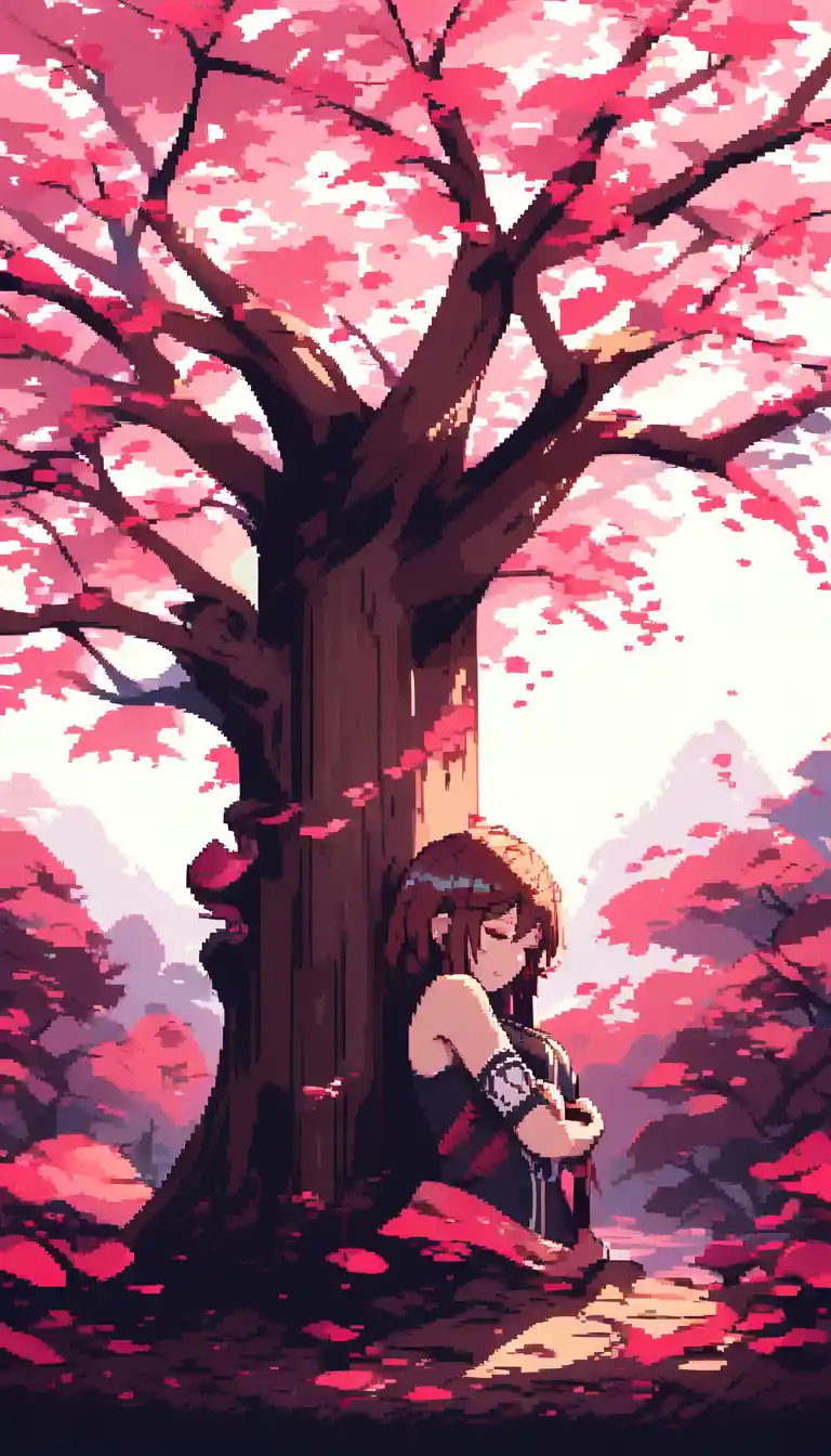 Pixelart-Kriegerin schläft unter einem blühenden Baum