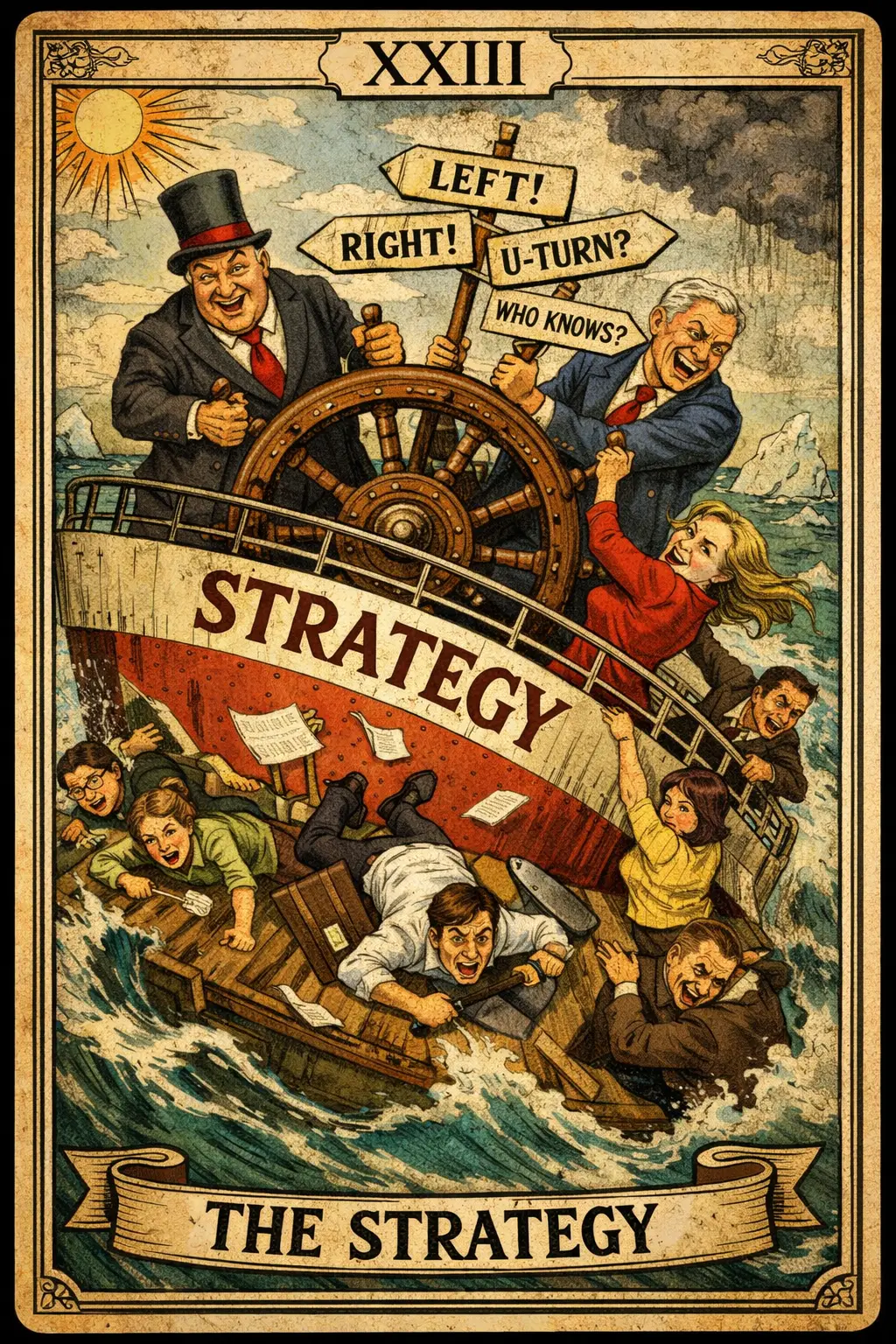 Satirical tarot card of executives steering a chaotic strategy ship