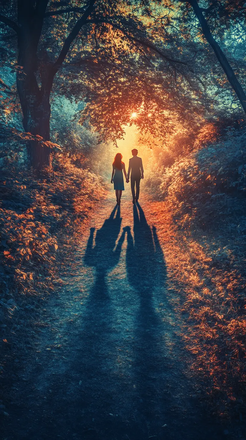 Pareja Caminando de la Mano por un Sendero al Atardecer