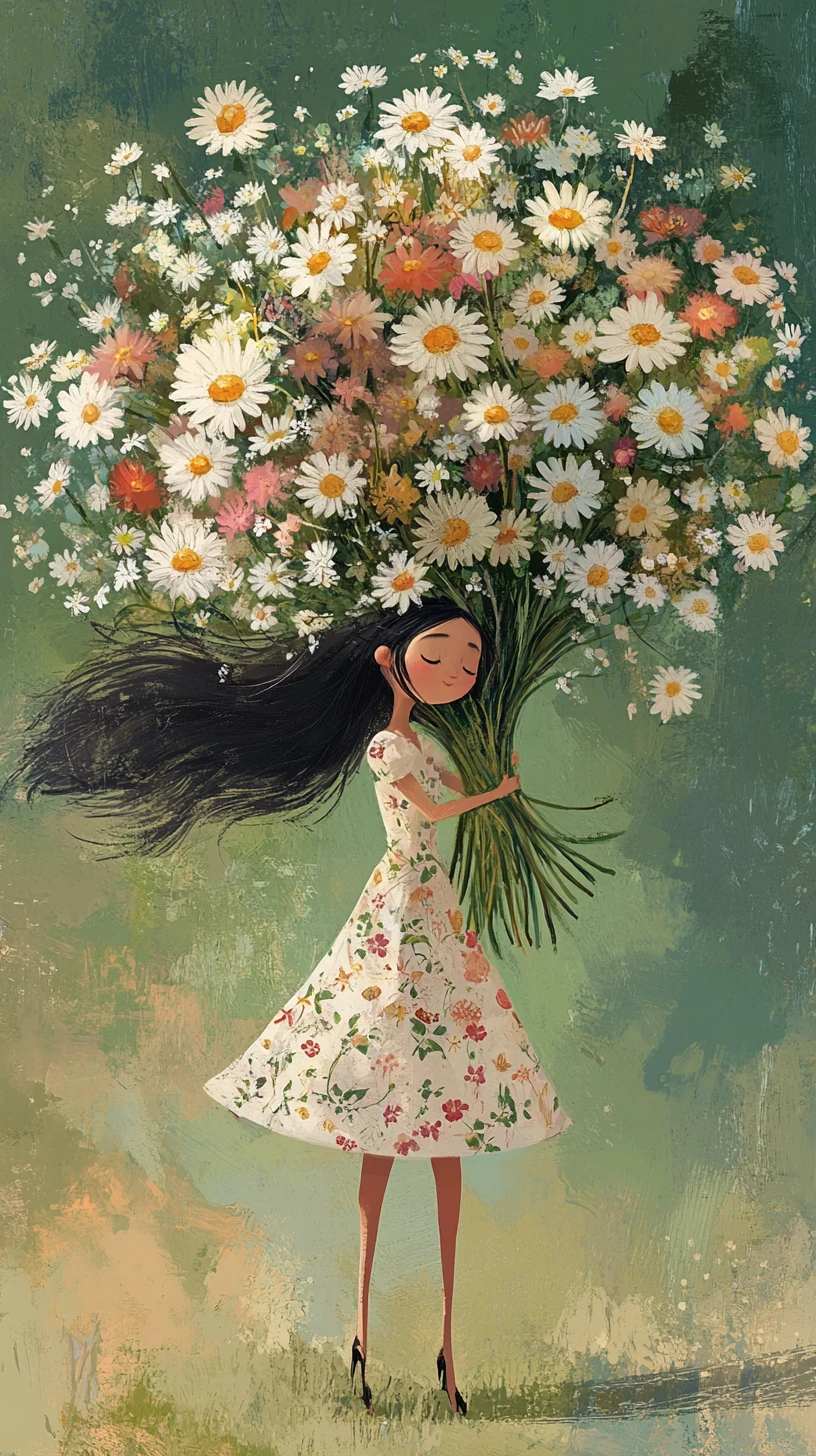 Fille avec bouquet de fleurs sauvages en douce illustration aquarelle