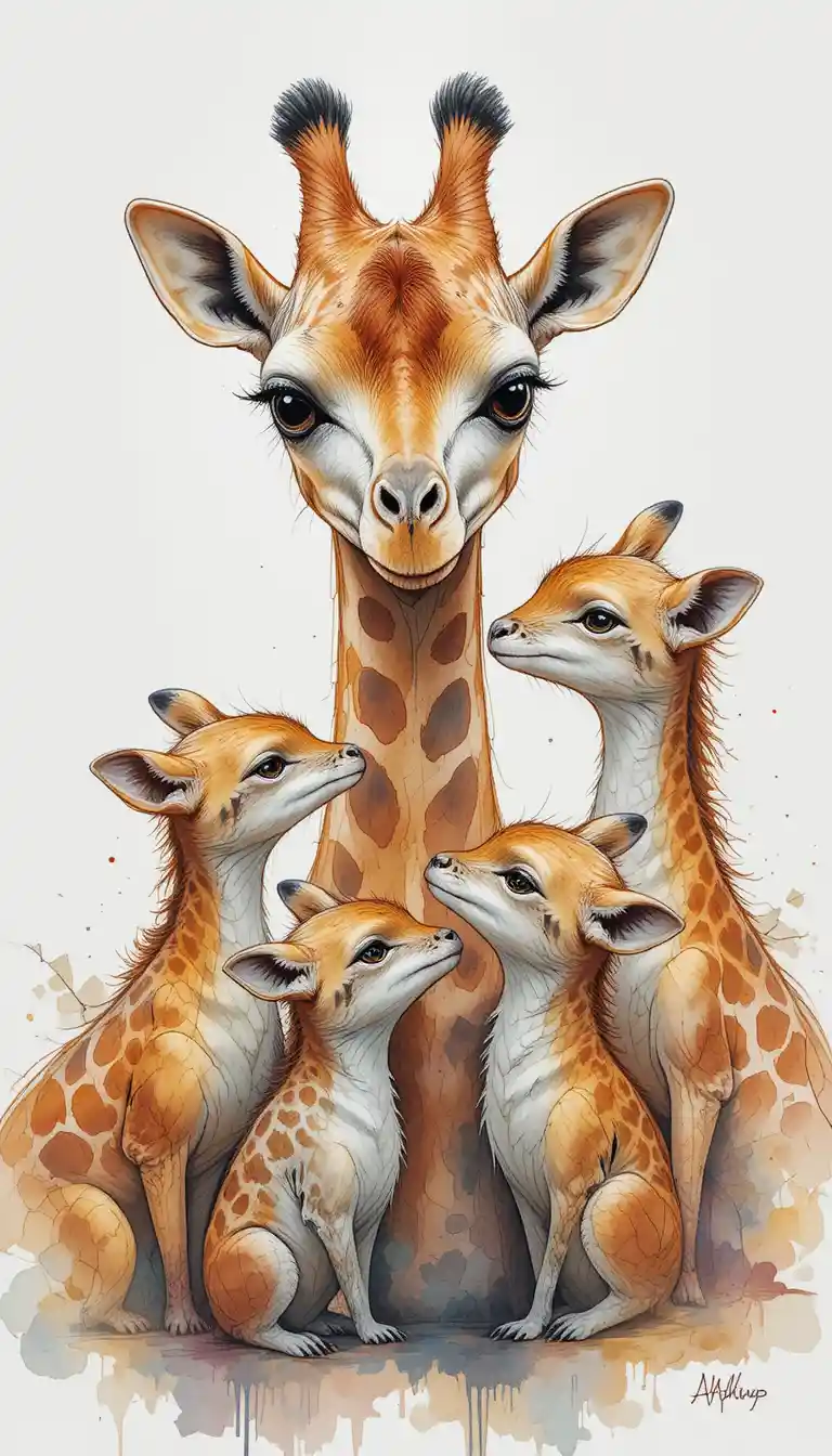 Verspieltes Aquarell-Gruppenporträt von Giraffe und Tieren