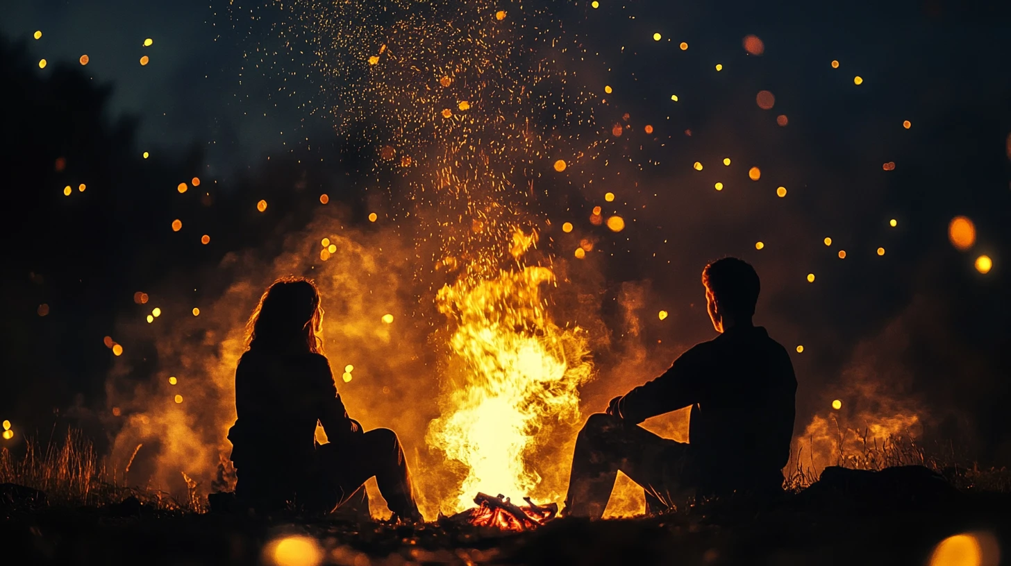 Pareja sentada junto a una fogata resplandeciente de noche