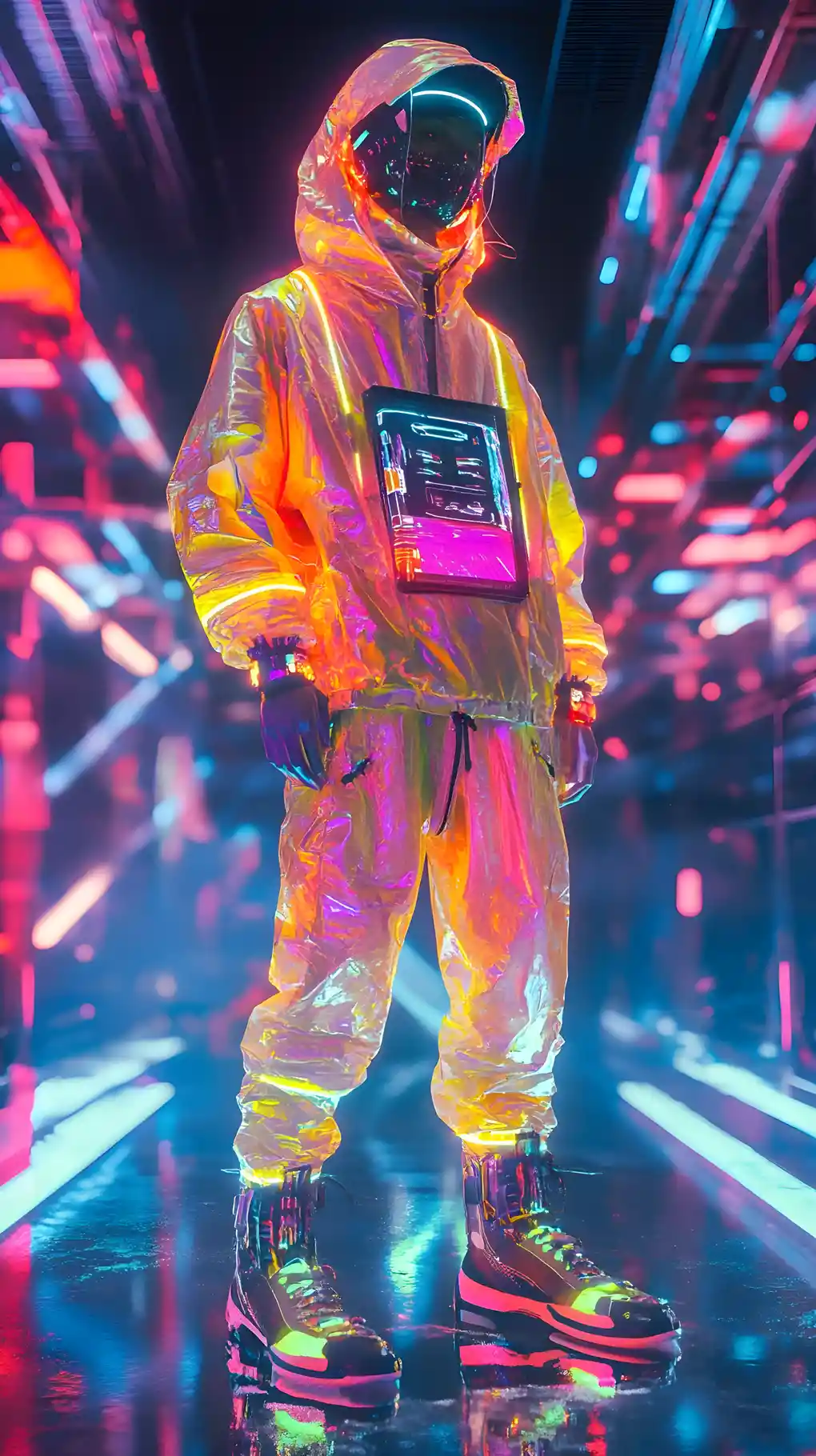 Streetwear al neon futuristico con auto volanti in una stazione spaziale