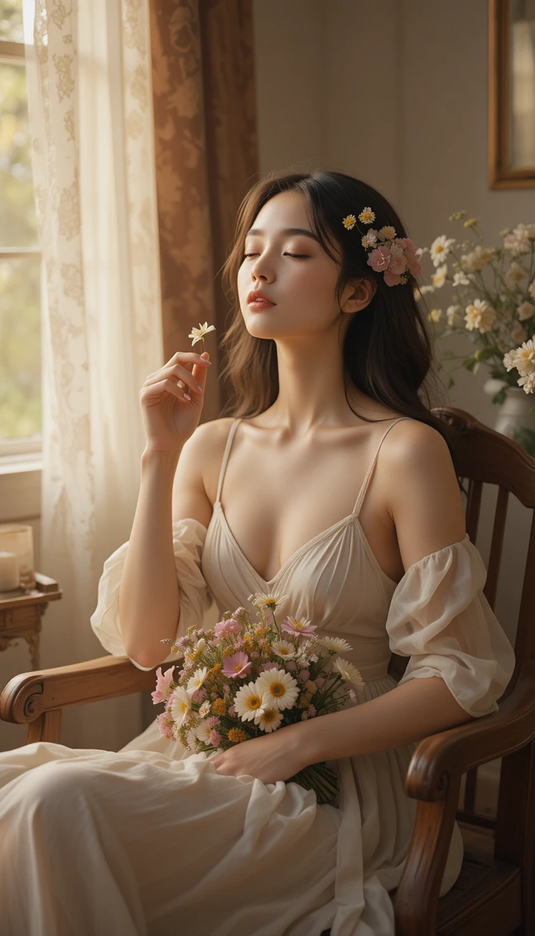 Dreamy girl with flowers in soft window light