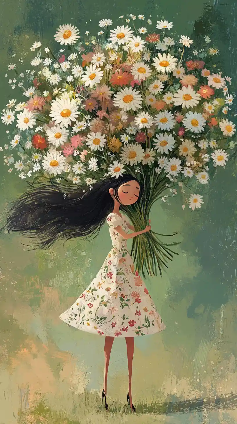 Girl with wildflower bouquet in soft watercolor illustration