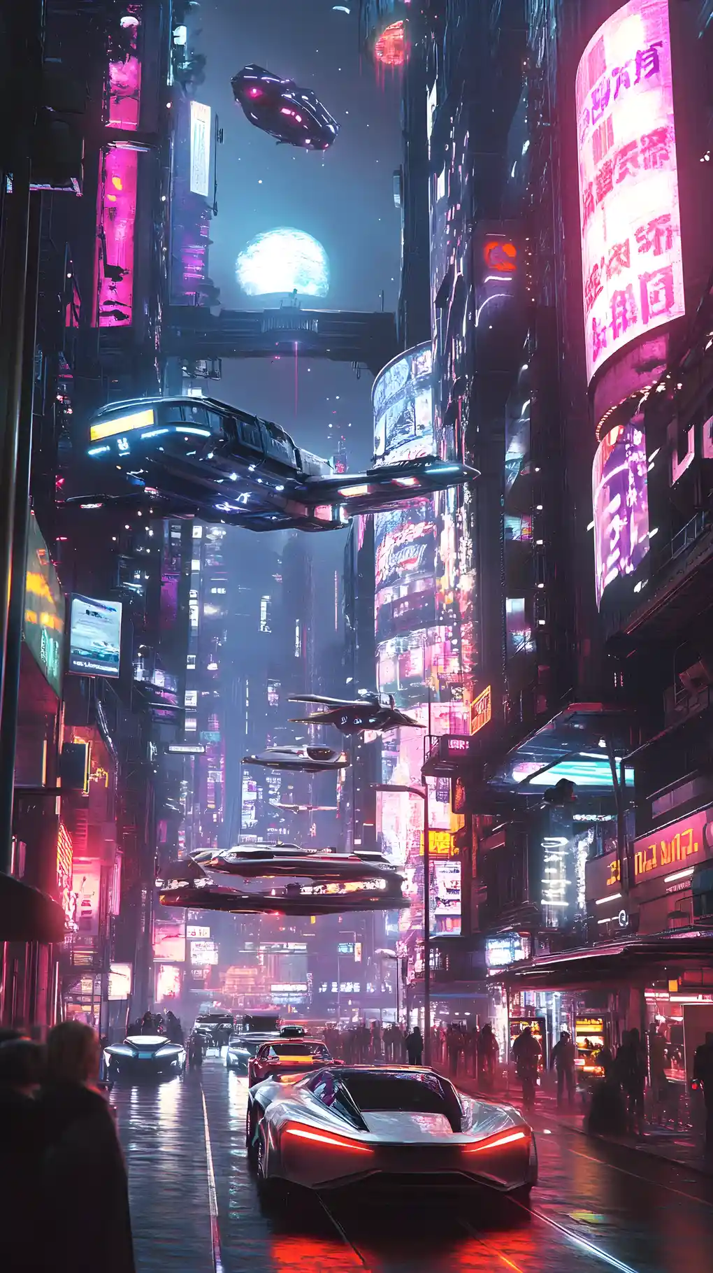 Neon futuristic city with flying cars at cinematic dusk