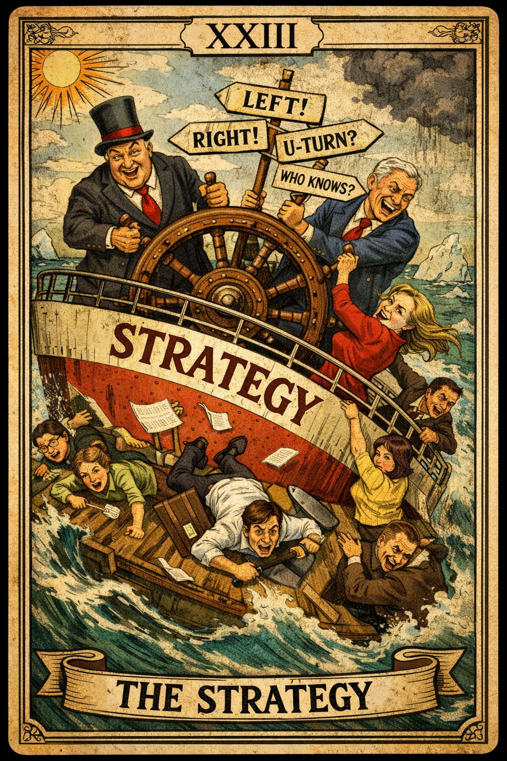 Satirische Tarotkarte: Führungskräfte steuern ein chaotisches Strategieschiff