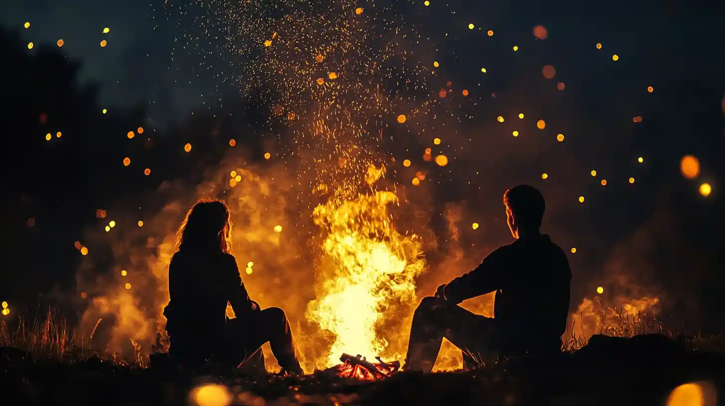 Paar sitzt nachts gemeinsam am leuchtenden Lagerfeuer