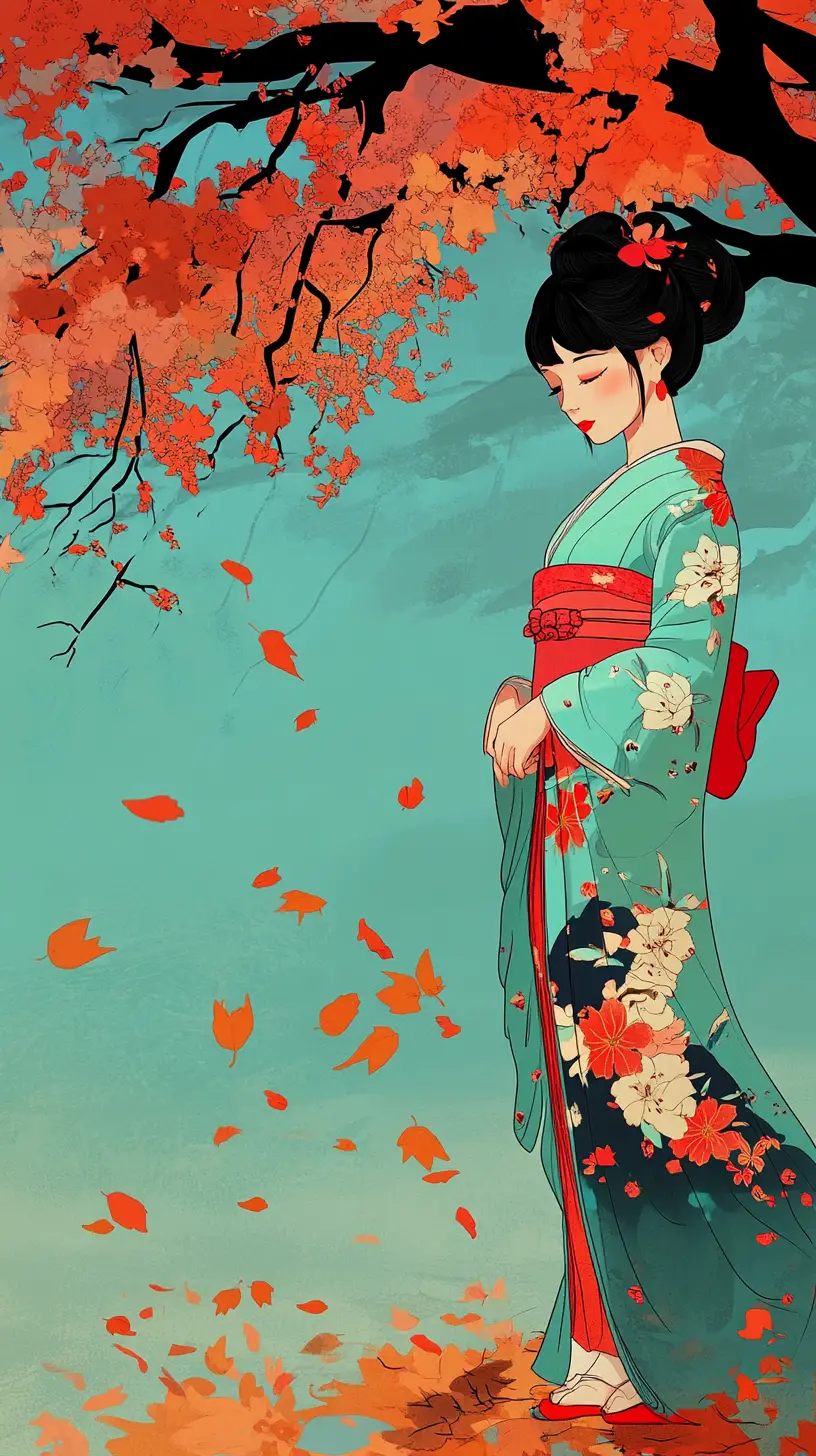 Japanese woman in teal kimono under autumn tree
