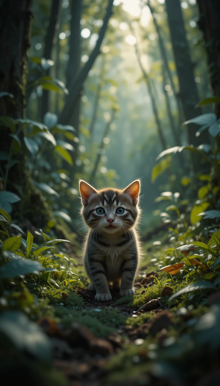 Gatito Asustado Perdido en una Jungla Densa con Luz Dramática
