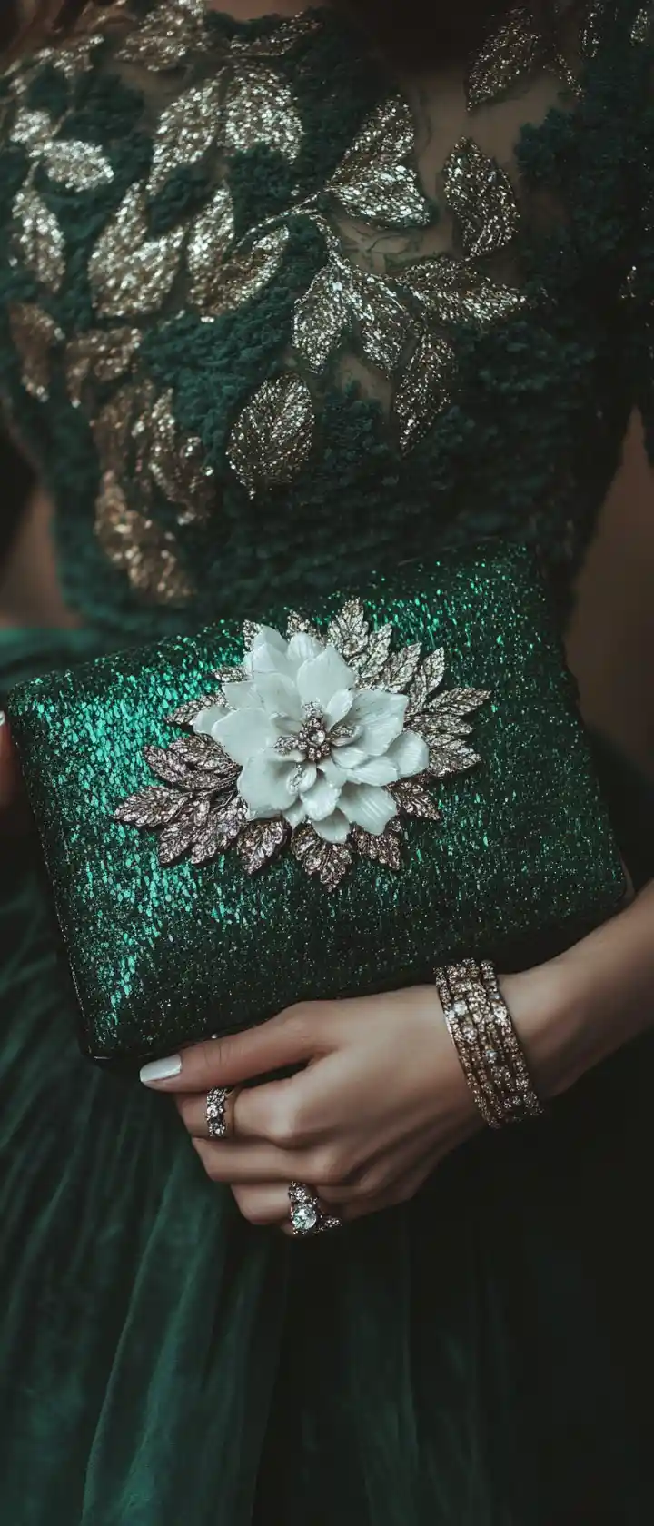 Primo piano di clutch in raso verde con spilla floreale