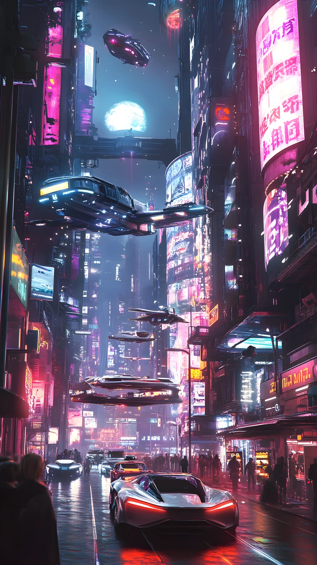 Città futuristica al neon con auto volanti al tramonto cinematografico