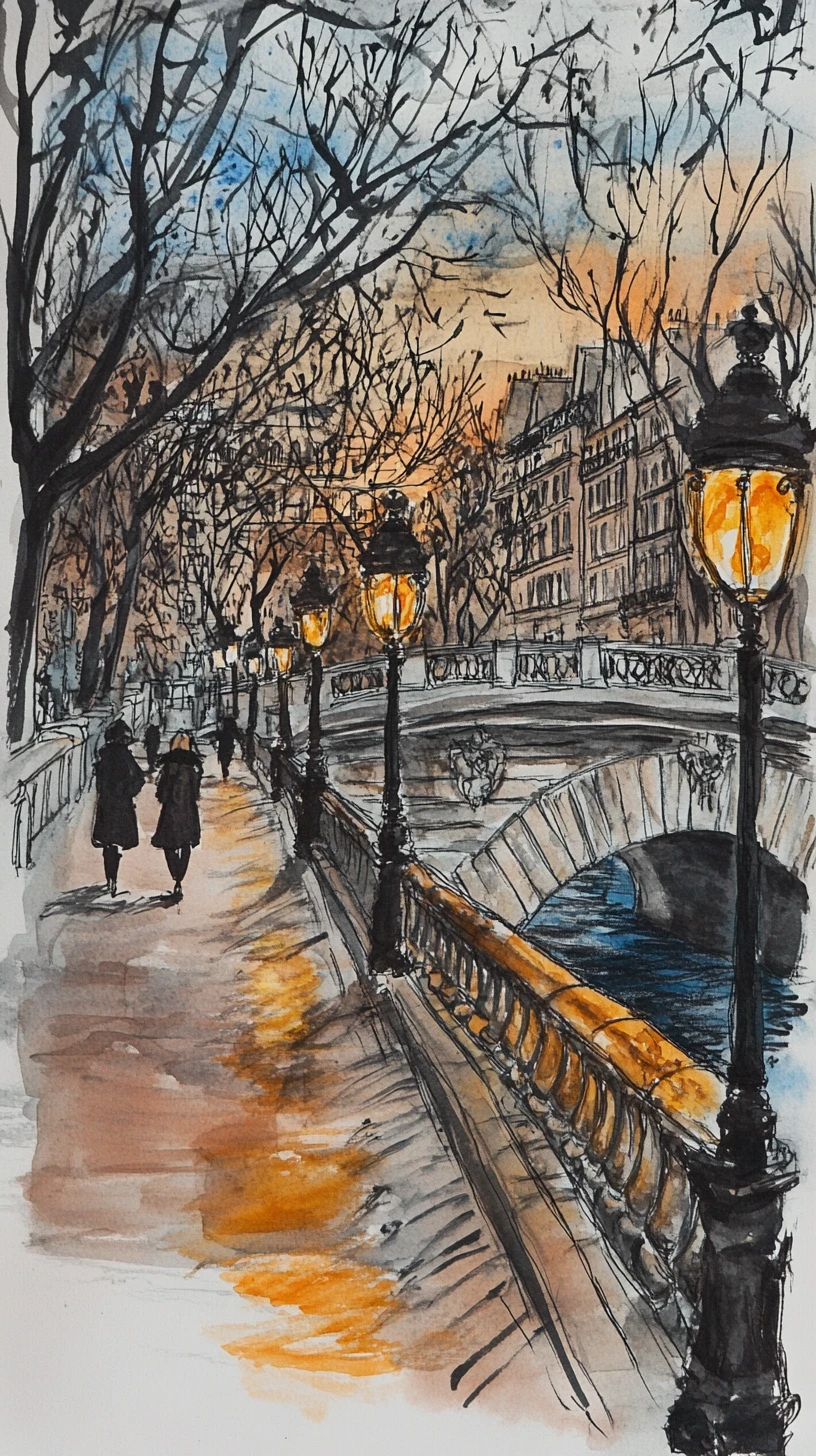 Watercolor Parisian canal street at dusk with glowing lamps