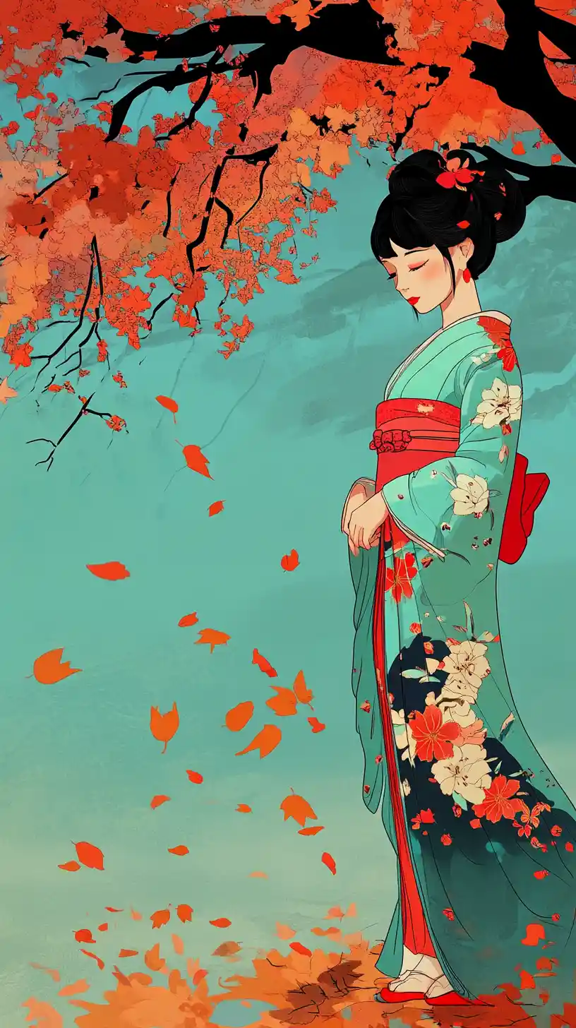 Japanese woman in teal kimono under autumn tree