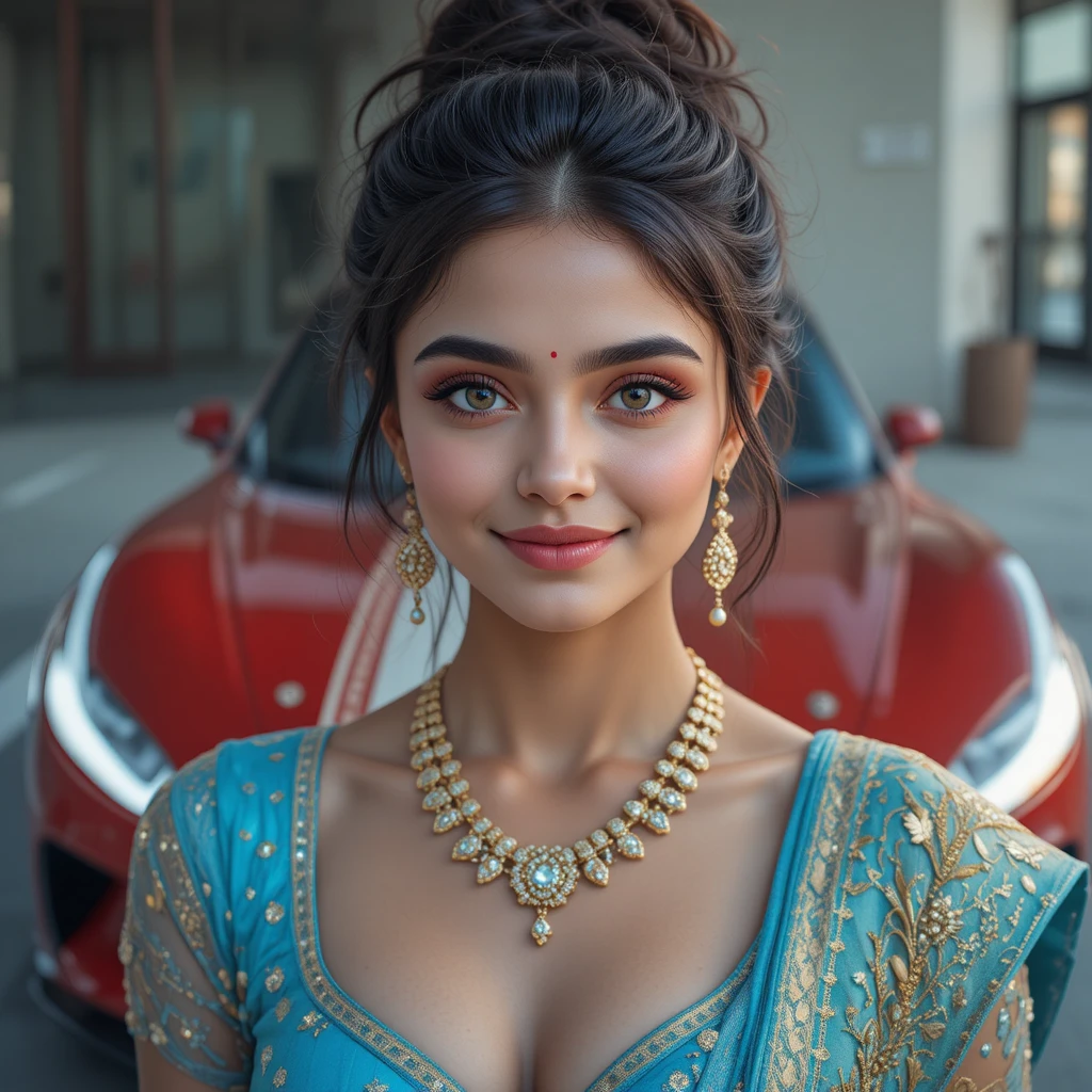 Primer plano de una chica india con sari color cian y joyas doradas