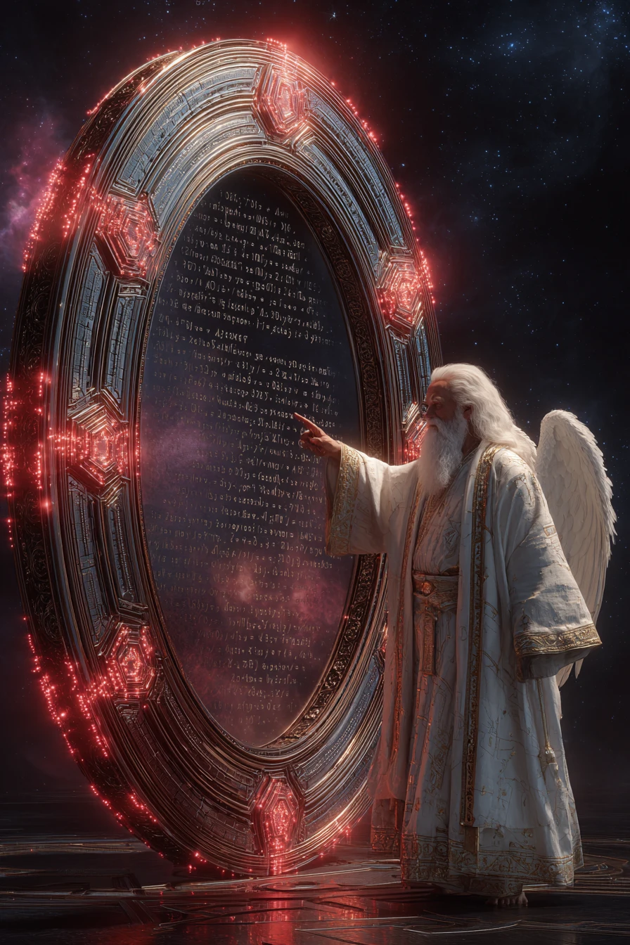 Angelo anziano che guida un portale luminoso di equazioni