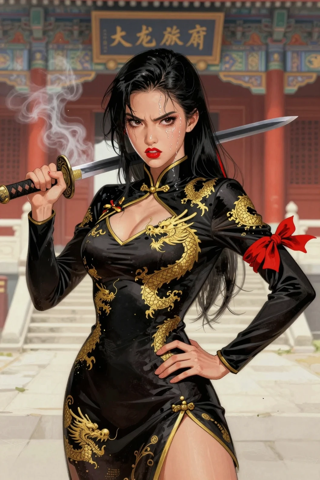 Angry Chinese girl with katana in dragon dress