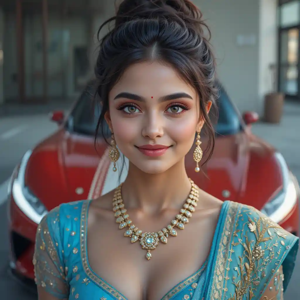 Portrait en gros plan d’une jeune fille indienne en sari cyan avec bijoux en or
