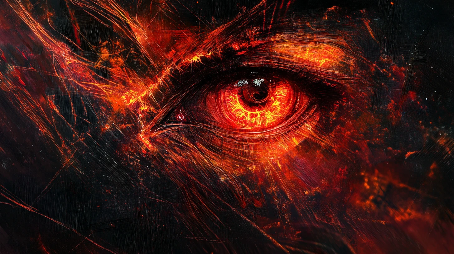 Silueta abstracta de caja torácica con ojos brillantes internos y fuego