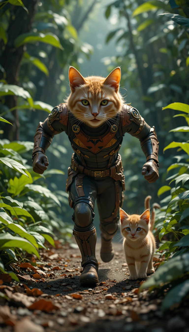 Heroic cat faced woman running through dense jungle