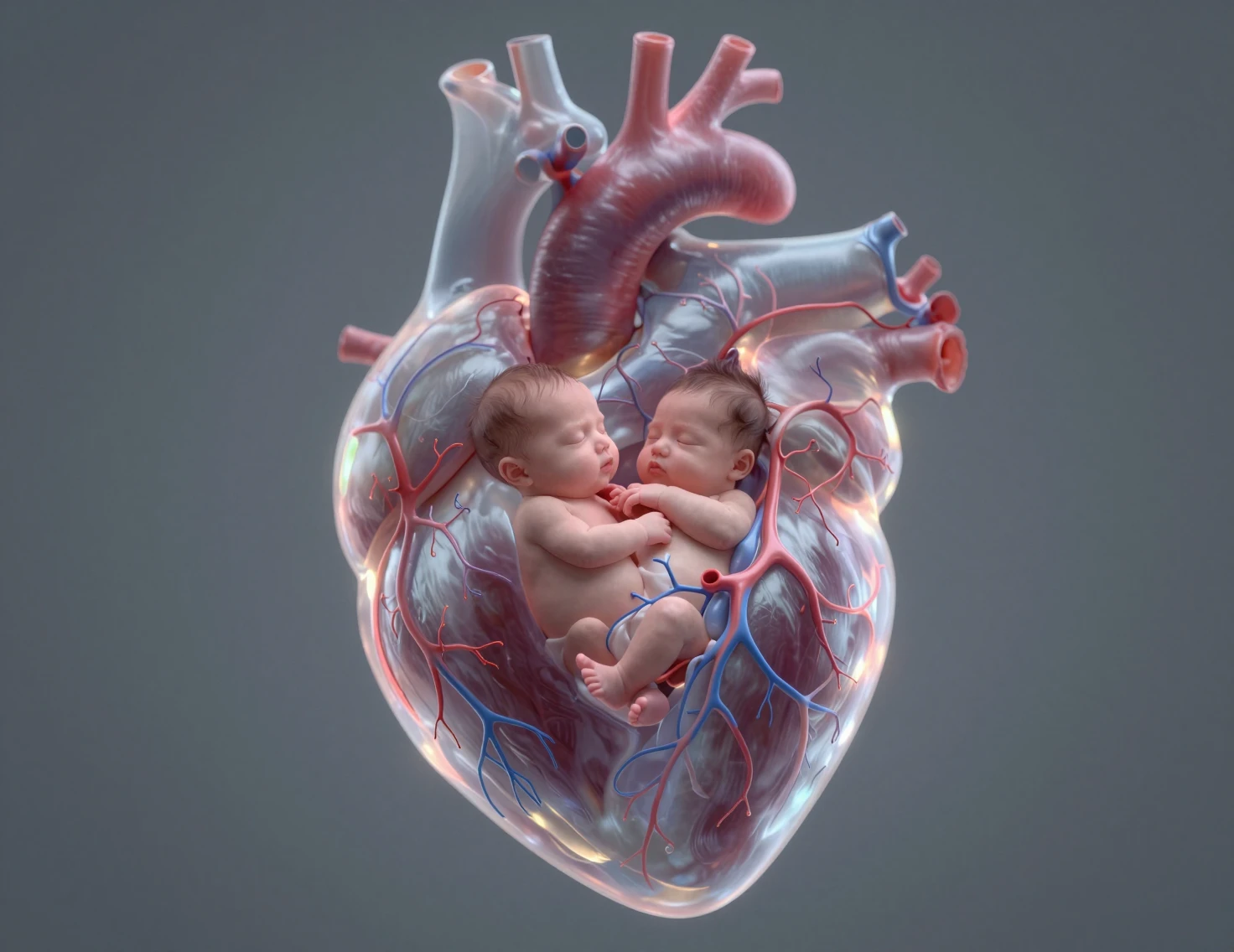 Sleeping infant cradled inside a glowing transparent heart